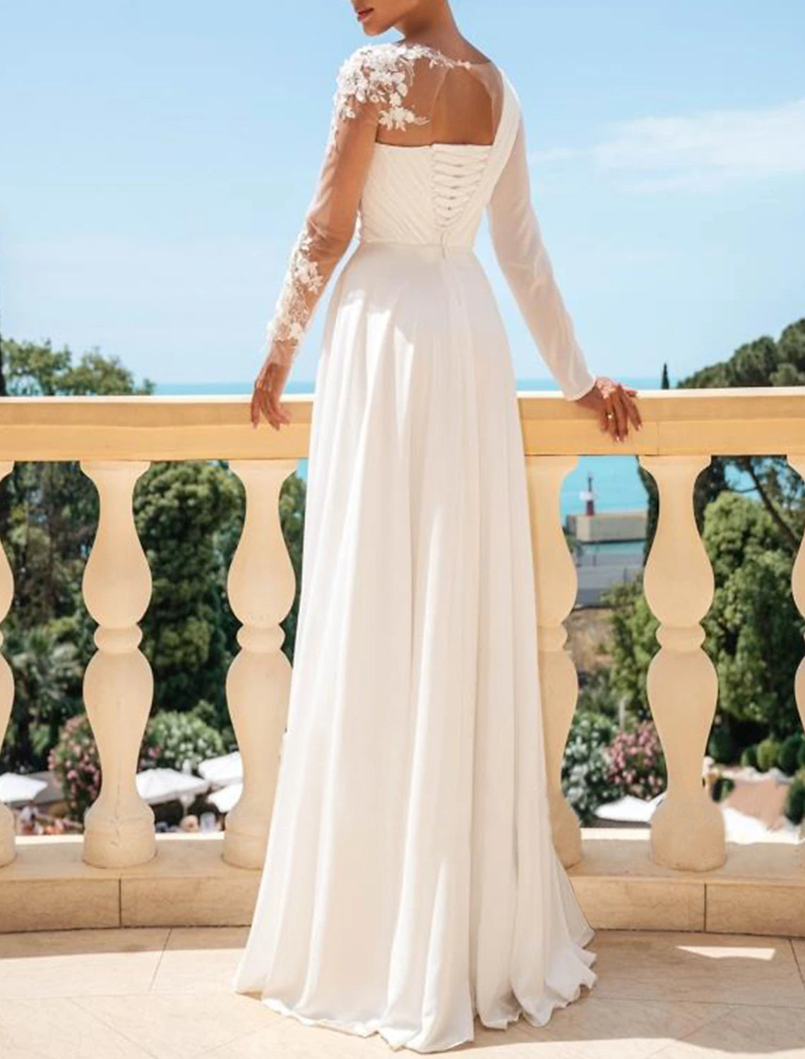 Beach Mature Wedding Dresses A-Line Scoop Neck Long Sleeve Sweep / Brush Train Chiffon Bridal Gowns With Pleats Split Front