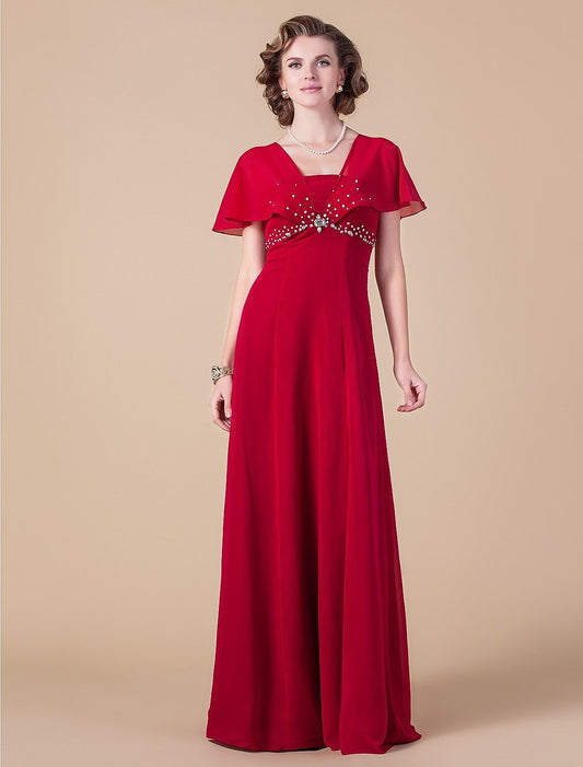 Sheath / Column Mother of the Bride Dress Elegant Square Neck Floor Length Chiffon Short Sleeve No with Beading