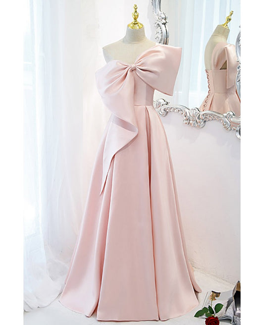 Beautiful and minimalist pink satin sleeveless off shoulder ball dress with pink satin A-line/princess strapless butterfly tie and ground length evening dress