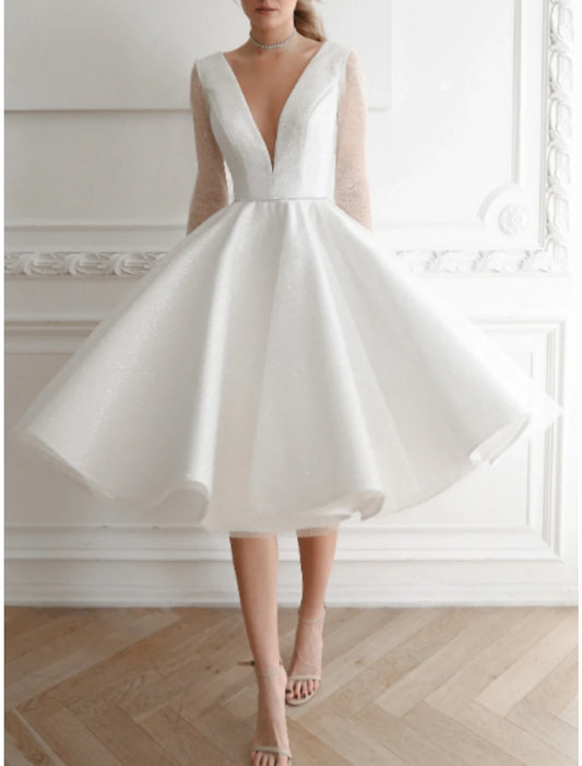 Little White Dresses Wedding Dresses A-Line V Neck Long Sleeve Knee Length Sequined Bridal Gowns With Pleats Solid Color