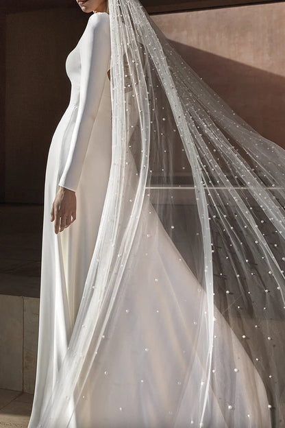 A-line square neck long sleeved minimalist wedding dress