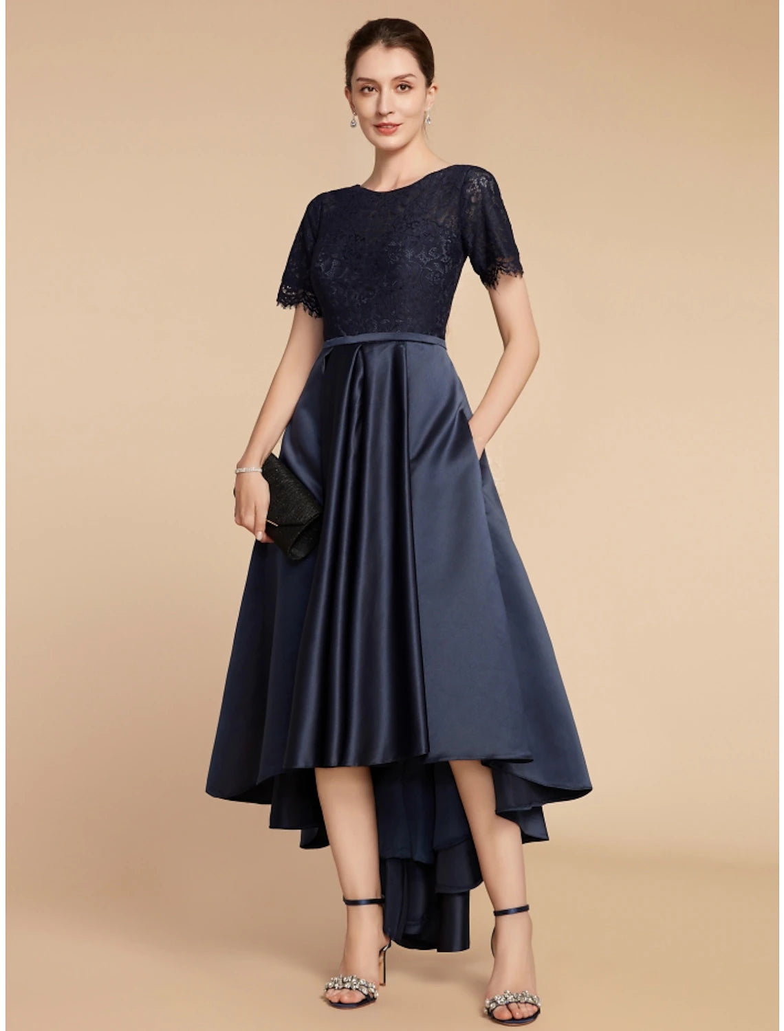 A-Line Mother of the Bride Dress Wedding Guest Elegant Jewel Neck Asymmetrical Satin Lace Short Sleeve with Ruching Solid Color