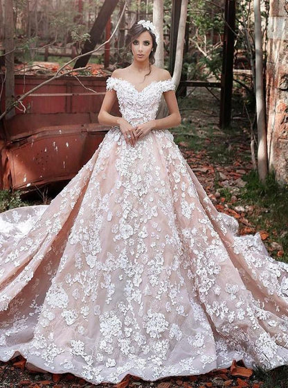 A-Line Off the Shoulder Ball Gown Court Train Tulle Appliques Wedding Dresses