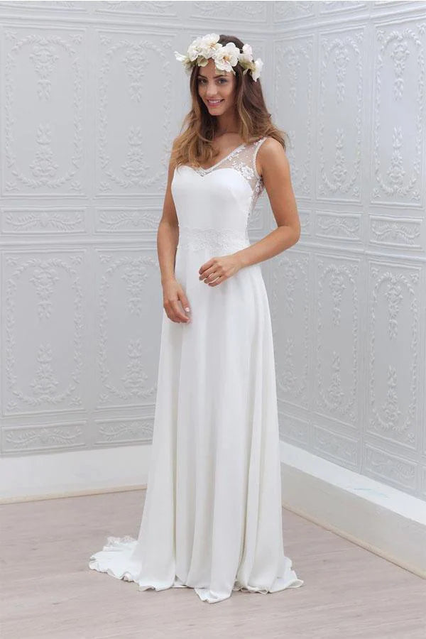 Elegant A-Line Bowknot Chiffon Open Back V-Neck Lace Sleeveless White Wedding Dress
