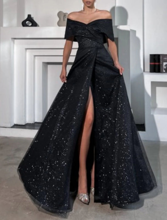 A-Line Evening Gown Party Dress Glittering Dress Wedding Prom Floor Length Sleeveless Off Shoulder Fall Wedding Reception Tulle with Sequin Slit