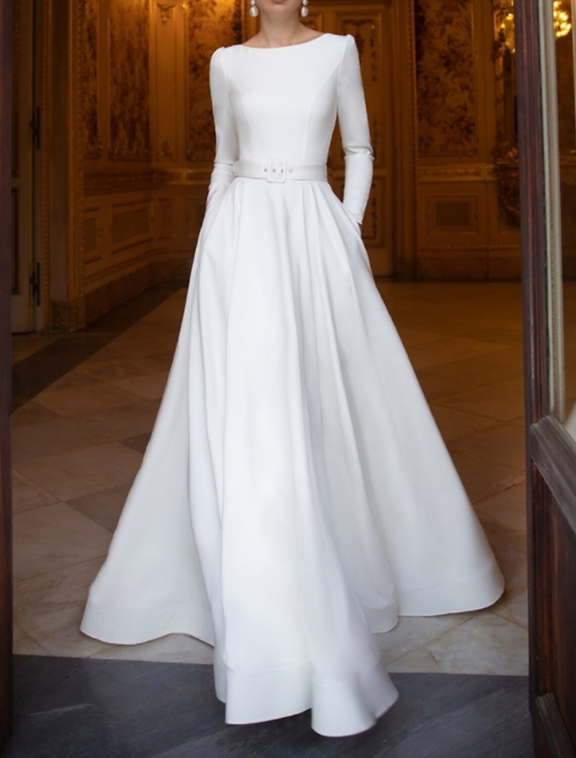 Engagement Formal Wedding Dresses A-Line Scoop Neck Long Sleeve Floor
