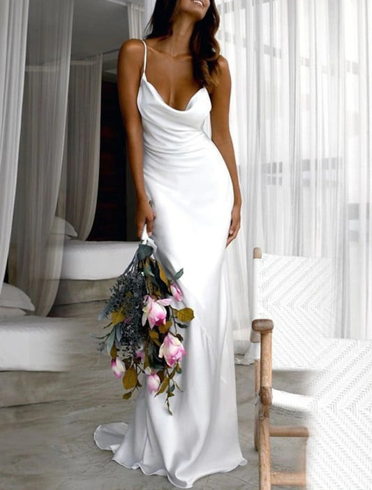 Beach Simple Wedding Dresses Sheath / Column Square Neck Camisole Spaghetti Strap Sweep / Brush Train Stretch Fabric Bridal Gowns With Ruched Solid Color