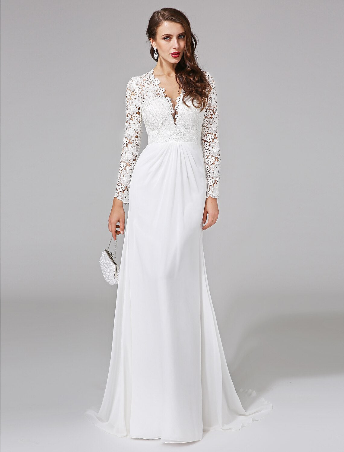 Beach Royal Style Boho Wedding Dresses Sheath / Column Illusion Neck Long Sleeve Sweep / Brush Train Chiffon Bridal Gowns With Lace Button