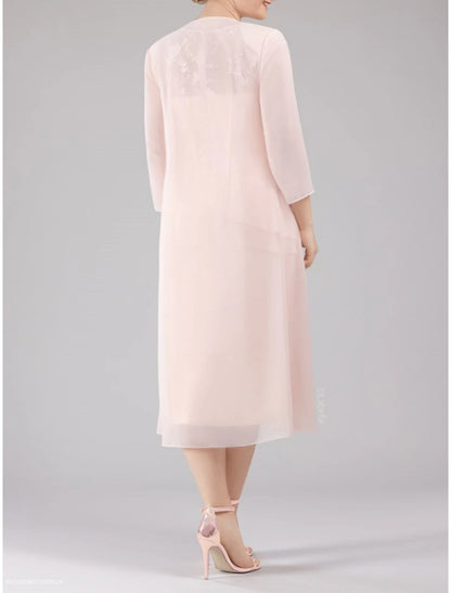 Sheath / Column Mother of the Bride Dress Wedding Guest Elegant Petite Scoop Neck Tea Length Chiffon 3/4 Length Sleeve with Lace Tier