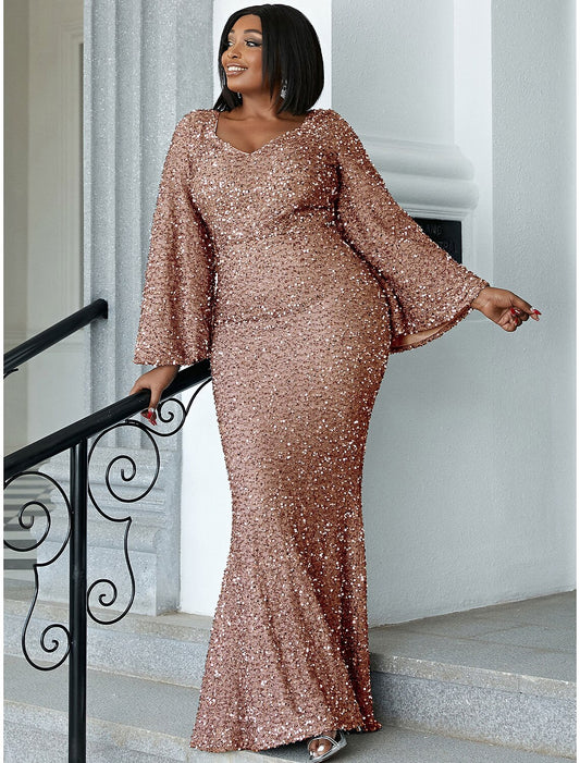 Mermaid / Trumpet Wedding Guest Dresses Plus Size Dress Cocktail Party Floor Length Long Sleeve Scoop Neck Sequined with Glitter