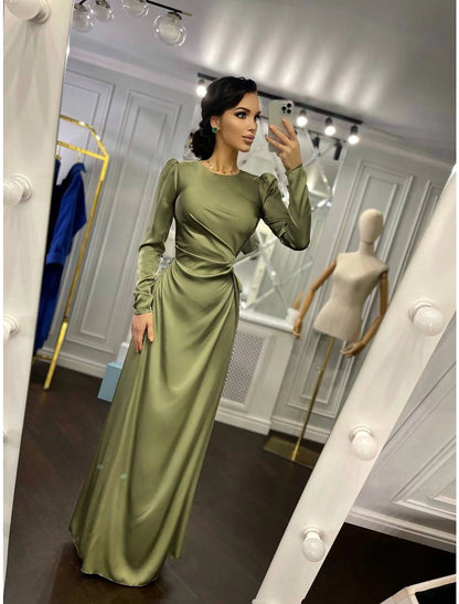 Sheath / Column Evening Gown Elegant Dress Wedding Guest Floor Length Long Sleeve High Neck Bridesmaid Dress Satin with Ruched