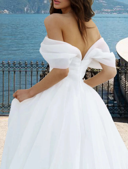 Beach Wedding Dresses A-Line Off Shoulder Cap Sleeve Court Train Organza Bridal Gowns With Pleats Ruched