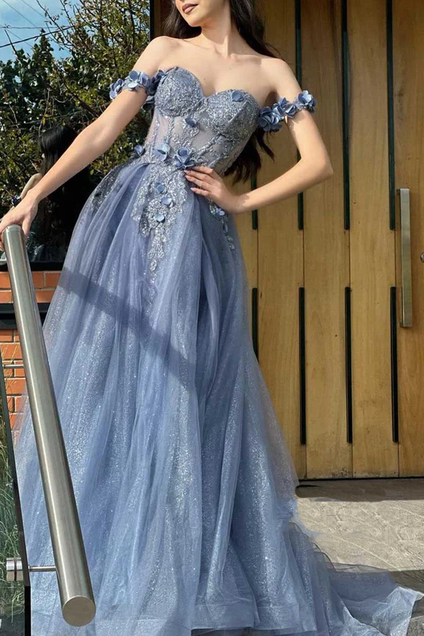 Ocean Blue Flowy Off Shoulder Prom Dress Long Tulle With Sequins