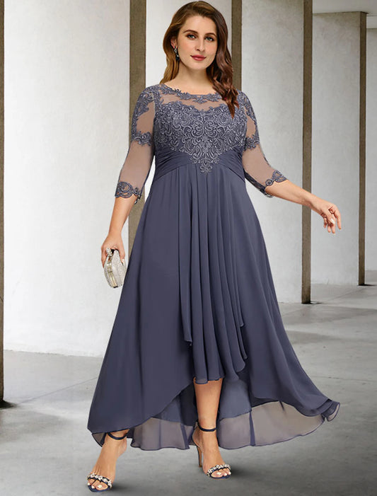 A-Line Mother of the Bride Dresses Plus Size Hide Belly Curve Elegant Fall Wedding Guest Dress Formal Asymmetrical 3/4 Length Sleeve Jewel Neck Chiffon with Pleats Ruched Appliques