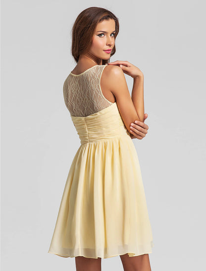 A-Line V Neck Short / Mini Chiffon Bridesmaid Dress with Lace / Criss Cross / Ruched / See Through