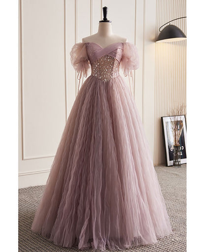 Charming dark pink glittering beaded sequins off the shoulder short sleeved ball dress, dark pink A-line/princess backless and ground length evening dress