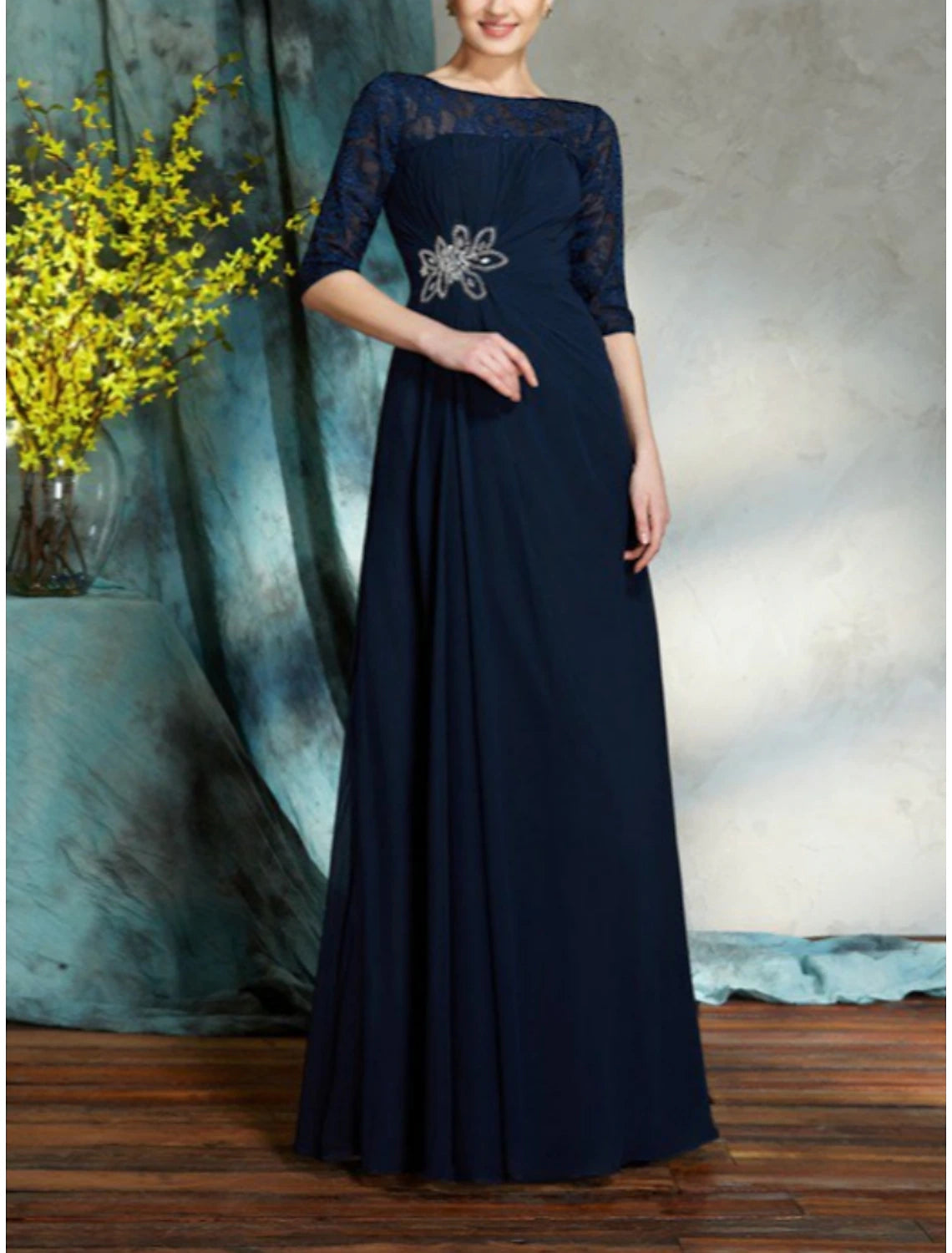 A-Line Mother of the Bride Dress Wedding Guest Elegant Scoop Neck Floor Length Chiffon Half Sleeve with Lace Crystals Ruching