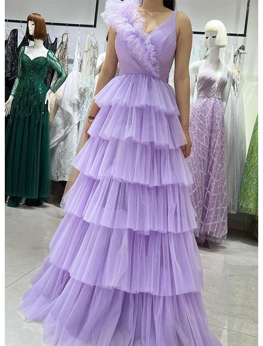 A-Line Prom Dresses Sparkle & Shine Dress Quinceanera Birthday Floor Length Sleeveless V Neck Tulle V Back with Ruched