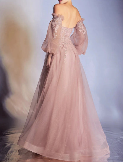 A-Line Prom Dresses Elegant Dress Formal Prom Floor Length 3/4 Length Sleeve Off Shoulder Lace Backless with Appliques