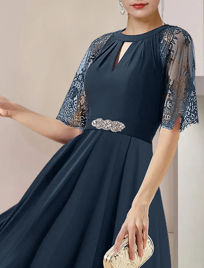 A-Line Mother of the Bride Dress Formal Wedding Guest Party Elegant High Low Scoop Neck Tea Length Chiffon Lace 3/4 Length Sleeve with Pleats Crystal Brooch