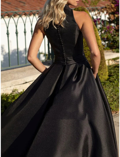 A-Line Evening Gown Party Dress Elegant Dress Formal Fall Sweep / Brush Train Sleeveless V Neck Satin with Pleats