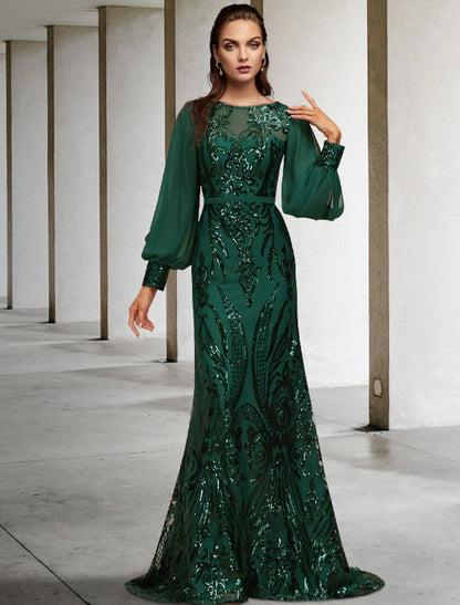 Mermaid / Trumpet Mother of the Bride Dress Wedding Guest Elegant Sparkle & Shine Jewel Neck Sweep / Brush Train Chiffon Sequined Long Sleeve with Sequin Appliques