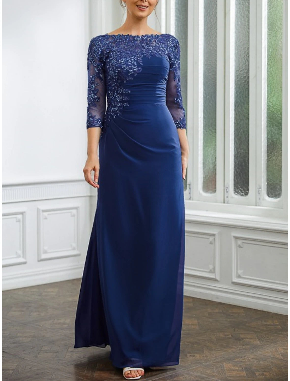 A-Line Mother of the Bride Dress Wedding Guest Elegant Scoop Neck Ankle Length Chiffon Half Sleeve with Lace Ruching