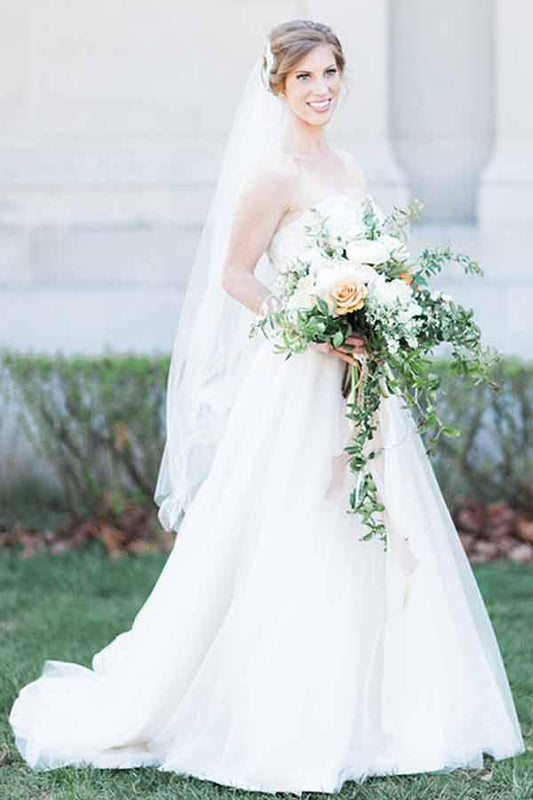 A-Line Sweetheart Court Train Sleeveless White Wedding Dress with Lace Beading