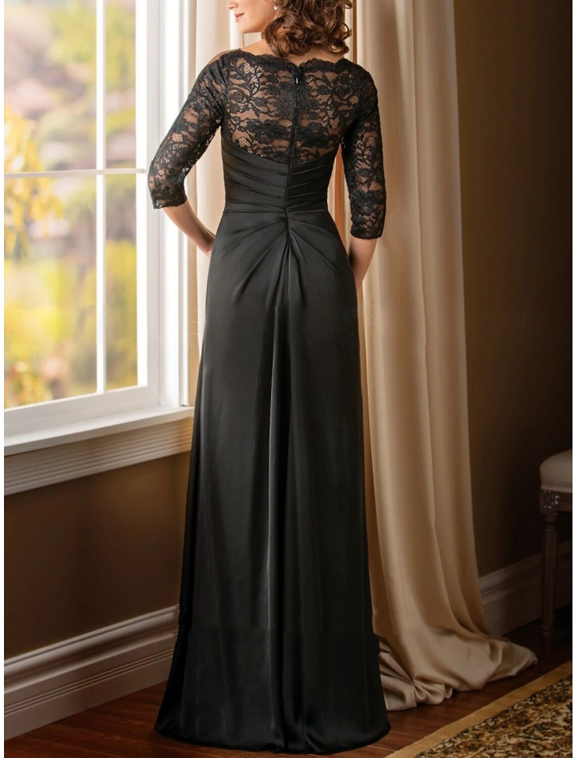 A-Line Mother of the Bride Dress Wedding Guest Elegant Scoop Neck Floor Length Chiffon Half Sleeve with Lace Beading Ruching