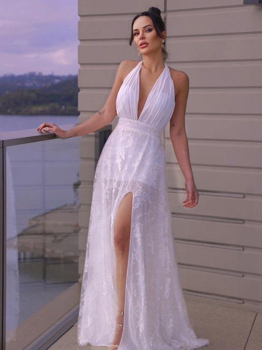 A-Line/Princess Lace Ruched Halter Sleeveless Floor-Length Wedding Dresses