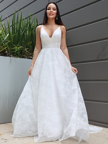 A-Line/Princess Lace Ruched V-neck Sleeveless Sweep/Brush Train Wedding Dresses