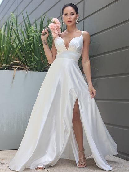 A-Line/Princess Silk like Satin Ruched V-neck Sleeveless Sweep/Brush Train Wedding Dresses