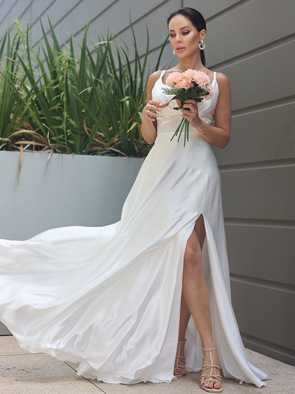 A-Line/Princess Silk like Satin Ruched V-neck Sleeveless Sweep/Brush Train Wedding Dresses