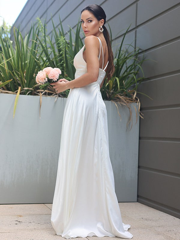 A-Line/Princess Silk like Satin Ruched V-neck Sleeveless Sweep/Brush Train Wedding Dresses