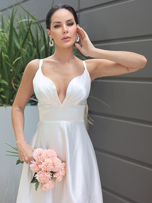 A-Line/Princess Silk like Satin Ruched V-neck Sleeveless Sweep/Brush Train Wedding Dresses