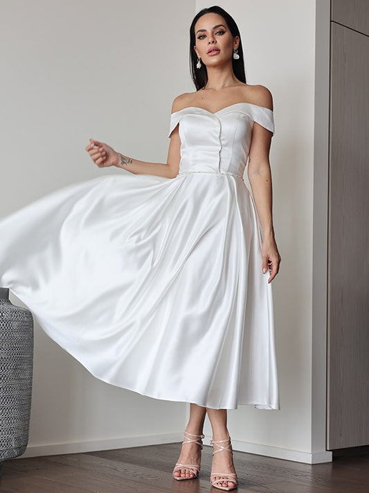 A-Line/Princess Satin Ruffles Off-the-Shoulder Sleeveless Tea-Length Wedding Dresses