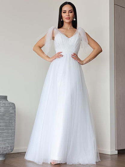 A-Line/Princess Tulle Ruffles V-neck Sleeveless Floor-Length Wedding Dresses