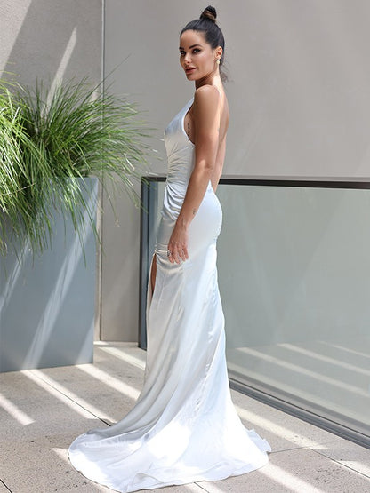 Sheath/Column Silk Like Satin Ruched V-neck Sleeveless Sweep/Brush Train Wedding Dresses