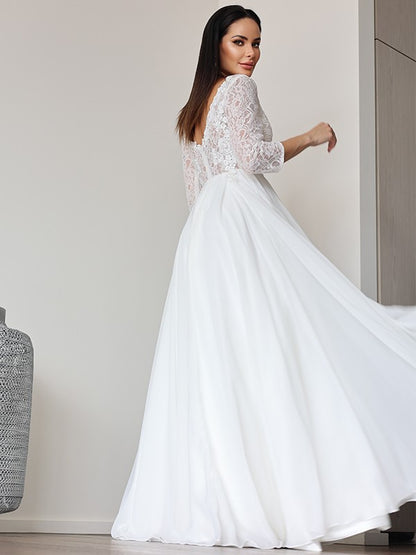 A-Line/Princess Chiffon Lace V-neck 3/4 Sleeves Floor-Length Wedding Dresses