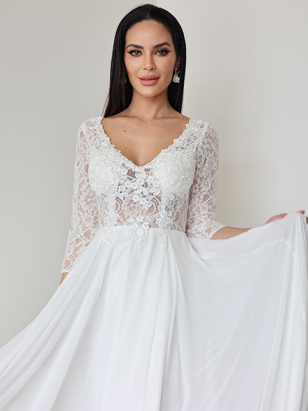 A-Line/Princess Chiffon Lace V-neck 3/4 Sleeves Floor-Length Wedding Dresses