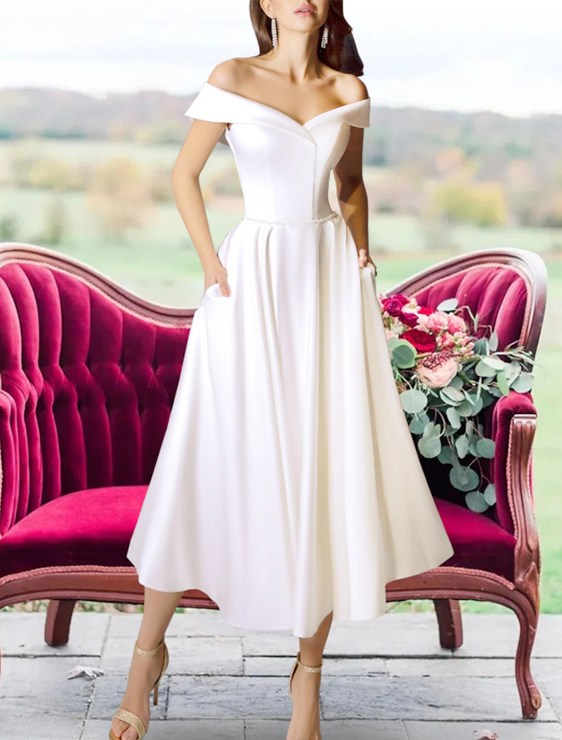 Reception Little White Dresses Wedding Dresses A-Line Off Shoulder Cap