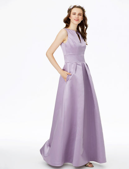 A-Line Bridesmaid Dress Notched Sleeveless Elegant Floor Length Satin with Pleats / Pocket