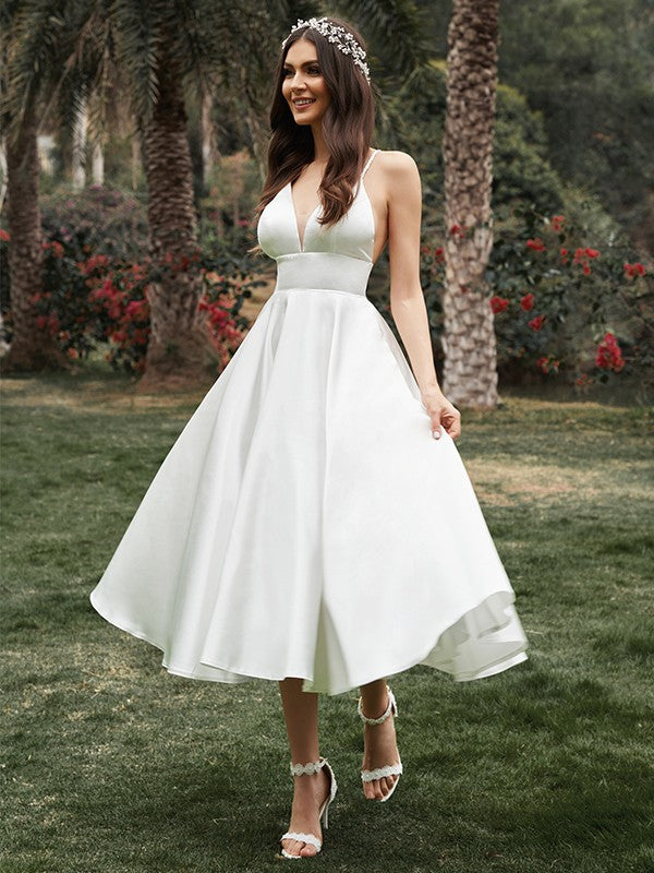 A-Line/Princess Ruffles V-neck Sleeveless Satin Tea-Length Wedding Dresses