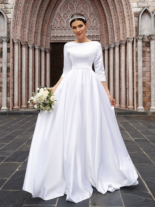 A-Line/Princess Satin Bowknot Bateau 3/4 Sleeves Sweep/Brush Train Wedding Dresses