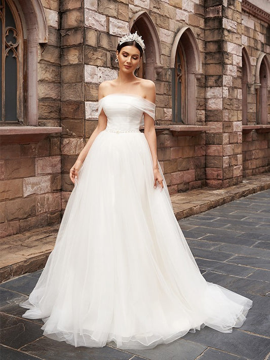 A-Line/Princess Tulle Sleeveless Off-the-Shoulder Ruched Sweep/Brush Train Wedding Dresses