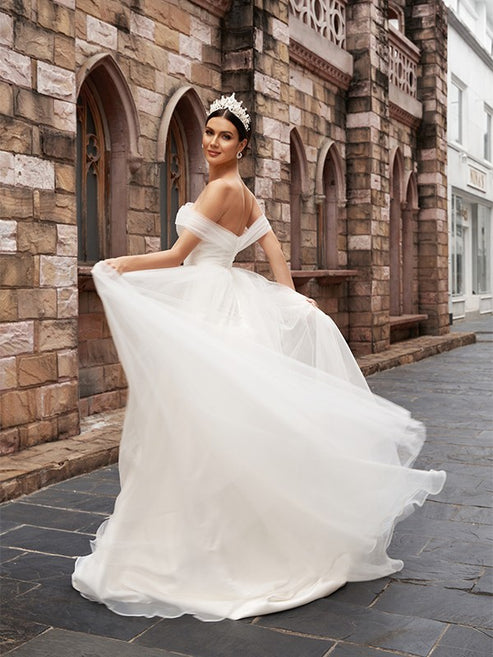A-Line Princess Sleeveless Tulle V-neck Ruched Sweep Brush Train Dresses Prom Dresses main image 0