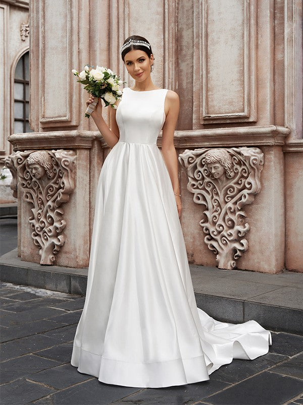 A-Line/Princess Satin Sleeveless Scoop Ruffles Sweep/Brush Train Wedding Dresses