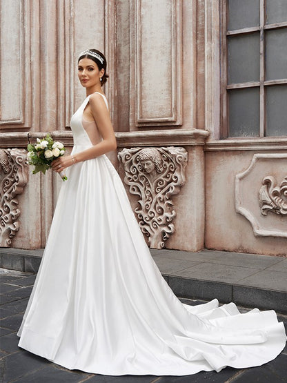 A-Line/Princess Satin Sleeveless Scoop Ruffles Sweep/Brush Train Wedding Dresses