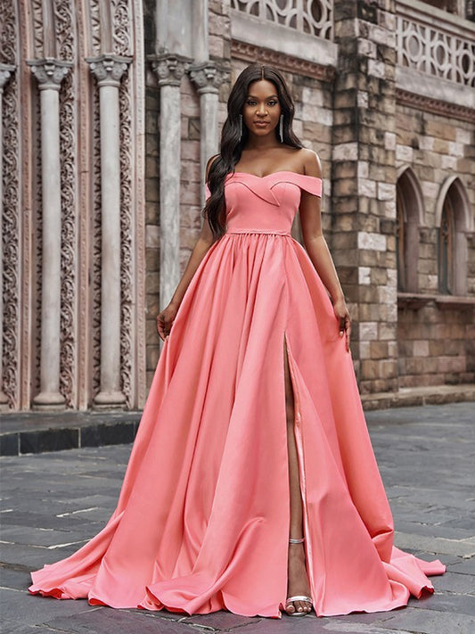 A-Line/Princess Satin Sleeveless Ruffles Off-the-Shoulder Court Train Dresses