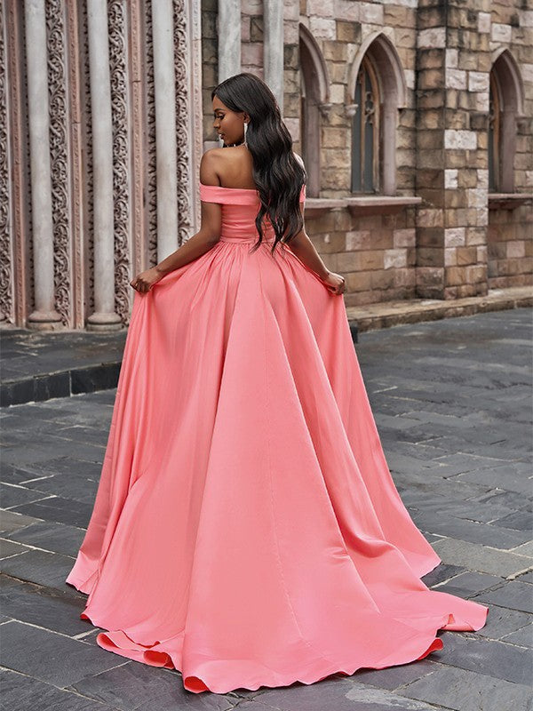 A-Line/Princess Satin Sleeveless Ruffles Off-the-Shoulder Court Train Dresses